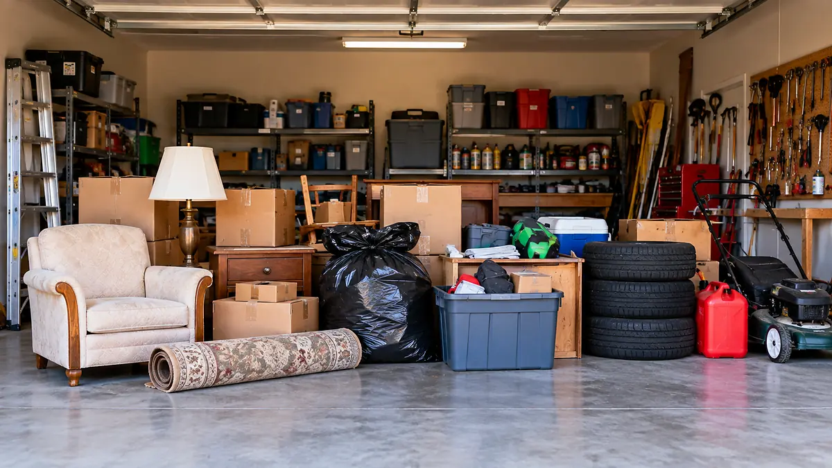What Can and Can’t Go in a Dumpster Rental Household furniture, boxes, bags, tires, tools, and other items sorted during a garage cleanout