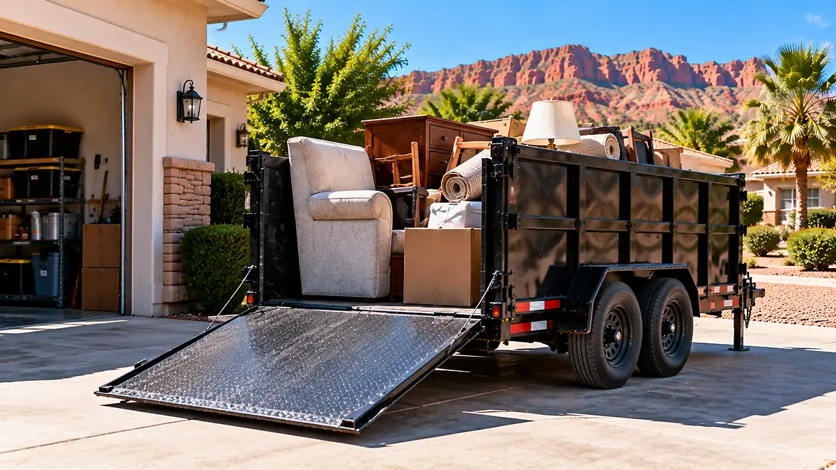 Driveway dumpster trailer at a clean Southern Utah home during a residential cleanout