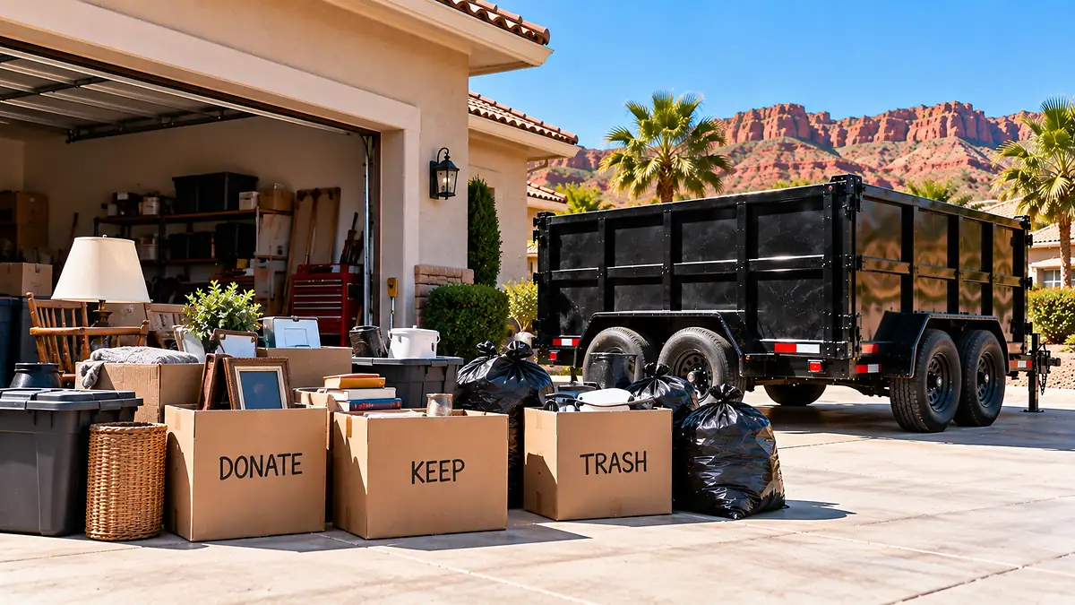 Garage cleanout with household items sorted into keep, donate, and trash piles in Southern Utah