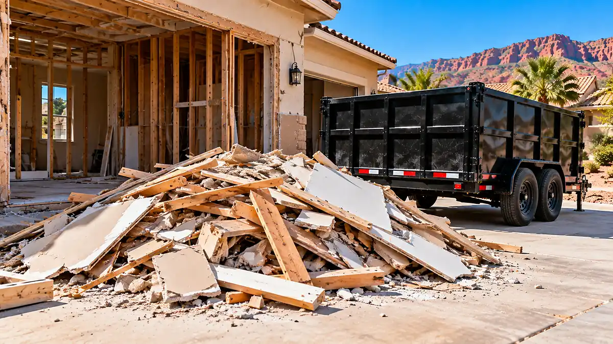 Drywall, lumber, and construction debris from a residential home remodeling project in Southern Utah