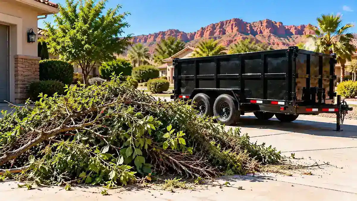 Pile of branches and green waste ready to be loaded into a driveway dumpster in Southern Utah