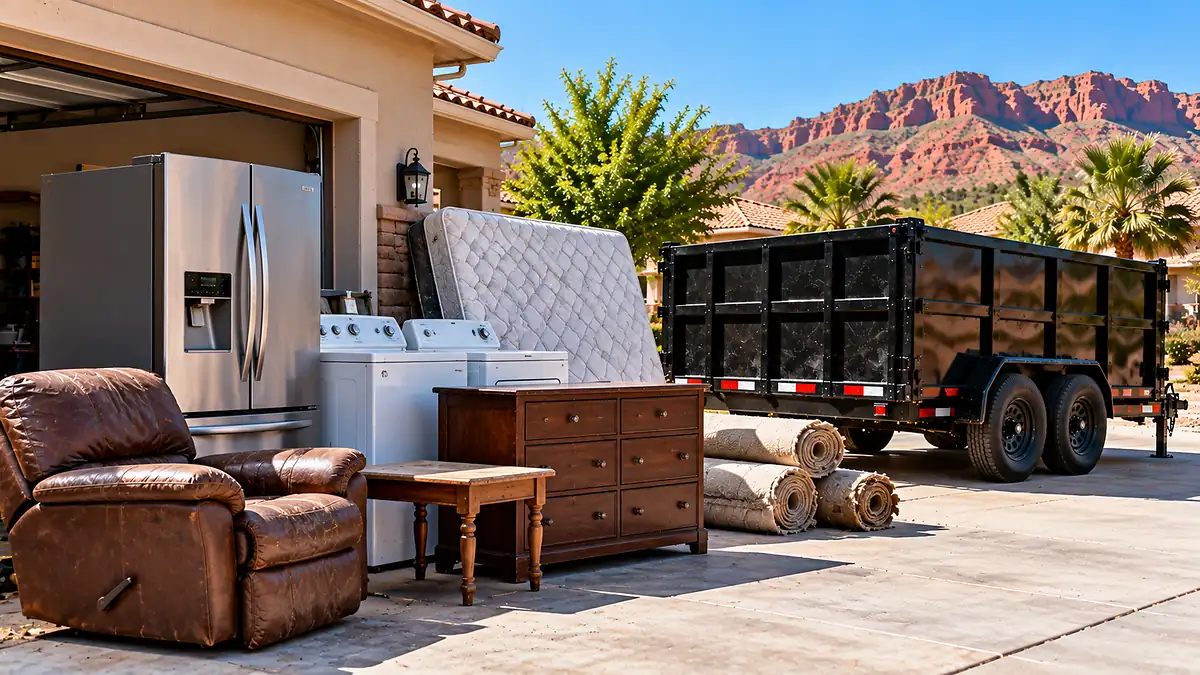 Old furniture, appliances, mattress, and household items ready for removal from a Southern Utah home